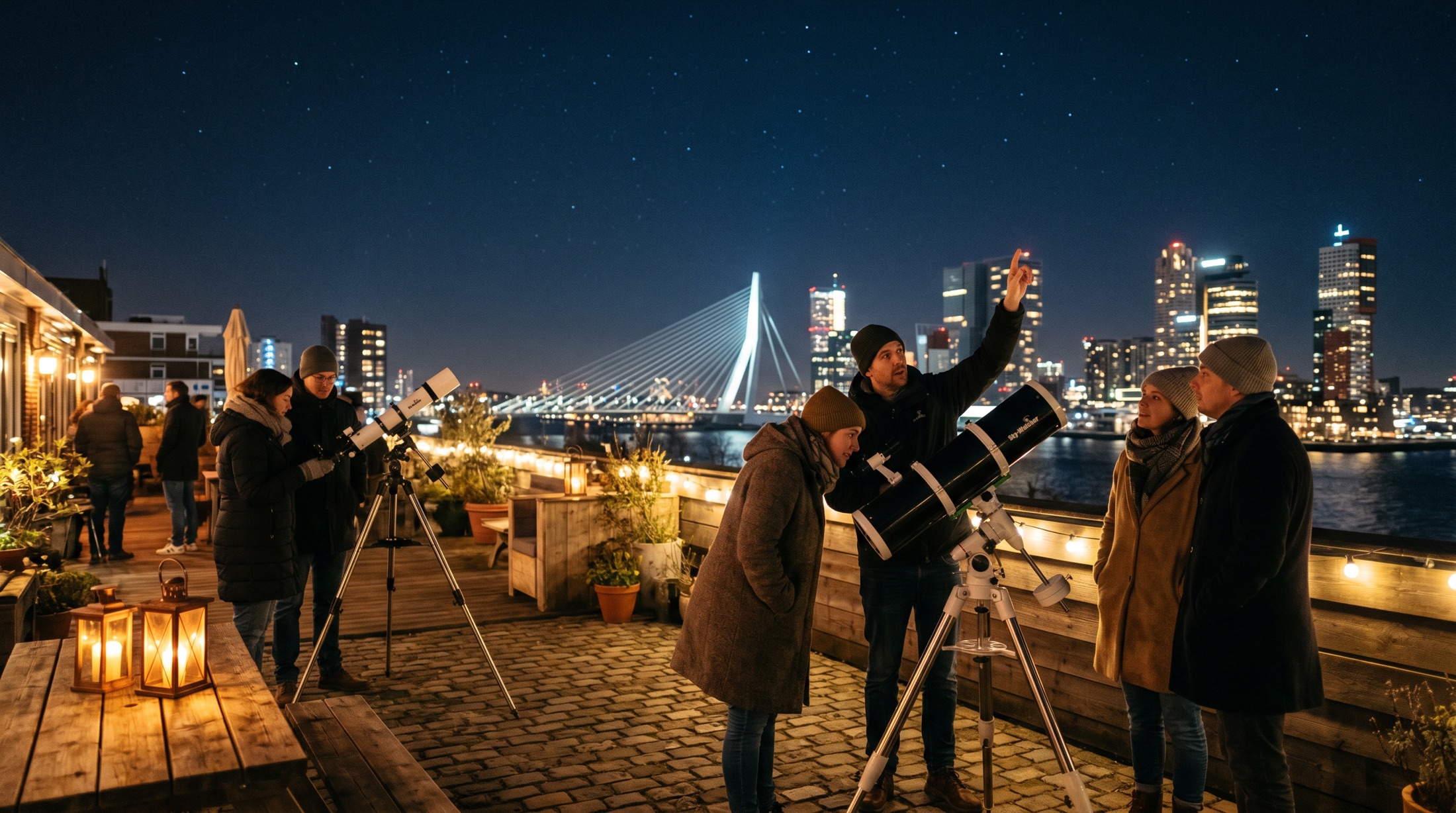 Bezoekers kijken door telescopen op het dakterras, met de skyline van Rotterdam op de achtergrond