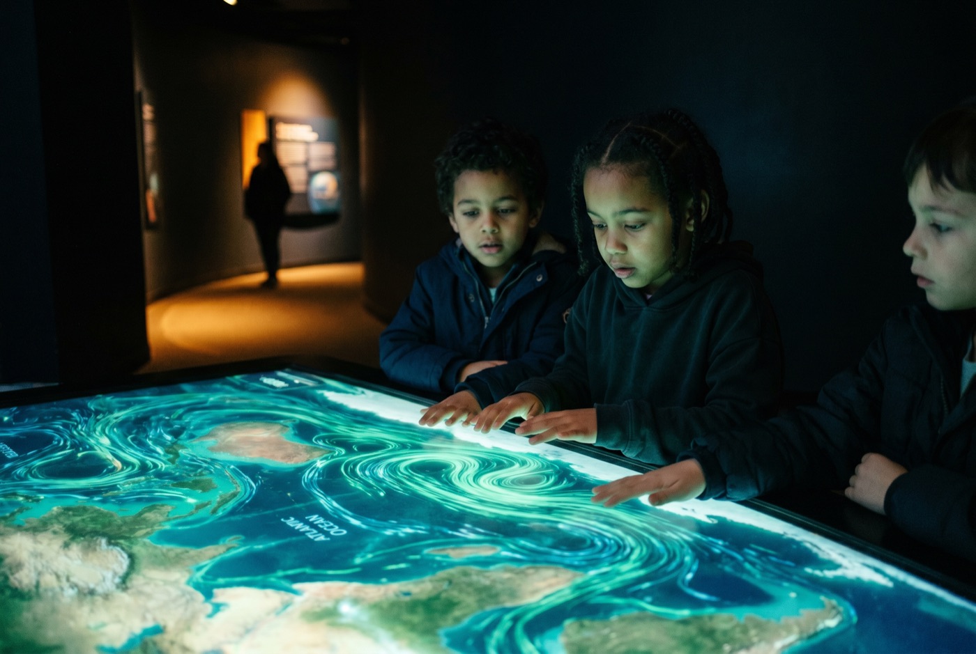 Kinderhanden boven de lichtgevende getijdentafel in De Blauwe Planeet